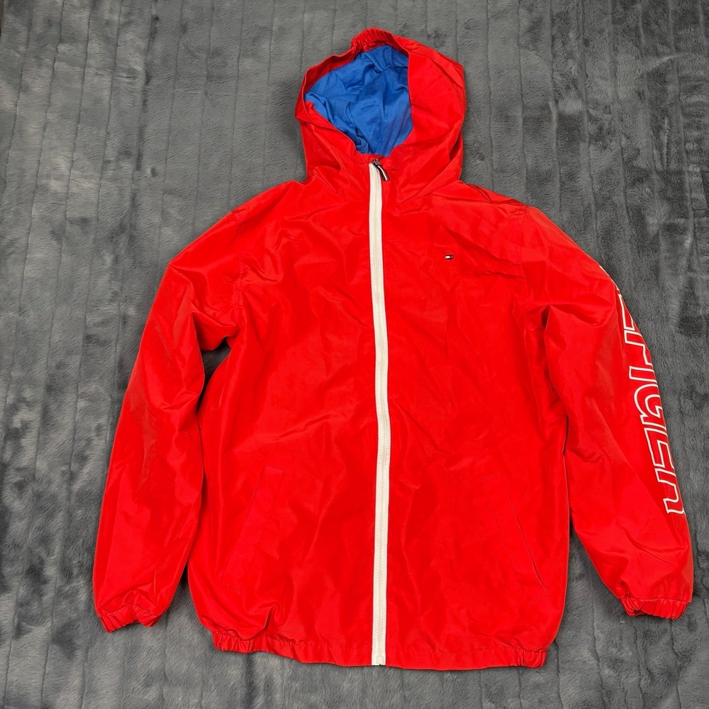 Tommy Hilfiger Boys Red Hooded Windbreaker Jacket Large 16/18 Logo Sleeve Zip Up